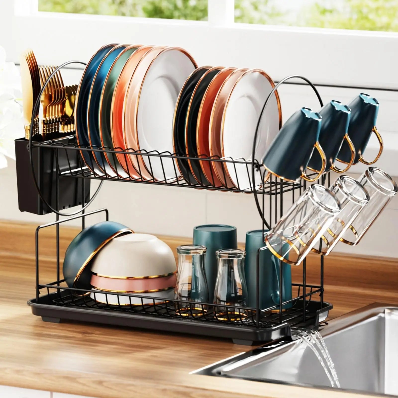 2-Tier Compact Countertop Dish Drying Rack with Integrated Drainboard — Versatile Drainer for Streamlined Kitchen Organization