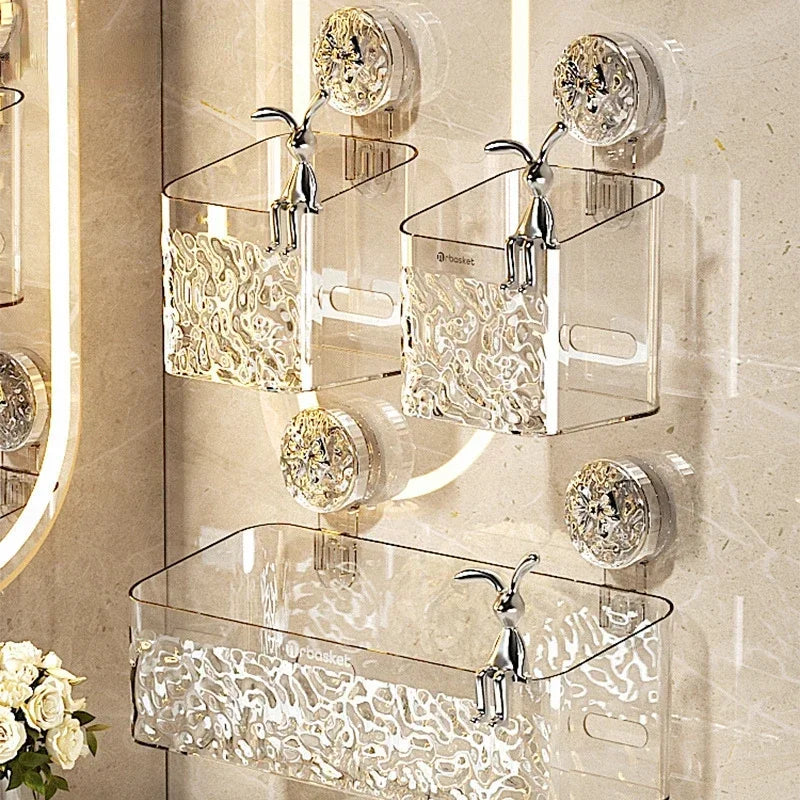 Transparent Wall-Mounted Shower Shelf with Adhesive Installation
