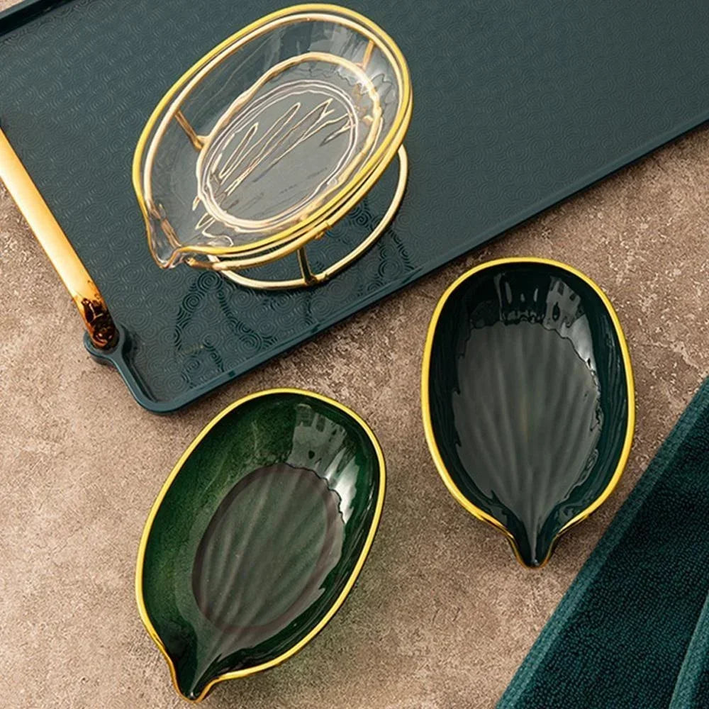 Leaf-Shaped Ceramic Soap Dish with Self-Draining Design — Minimalist Soap Bar Holder for Shower, Bathroom & Kitchen