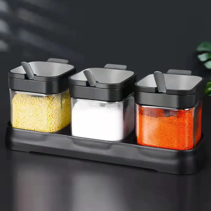 3-Piece Thick Glass 10 oz Airtight Spice Jars with Spoon — Sealed Seasoning Storage for Modern Kitchens