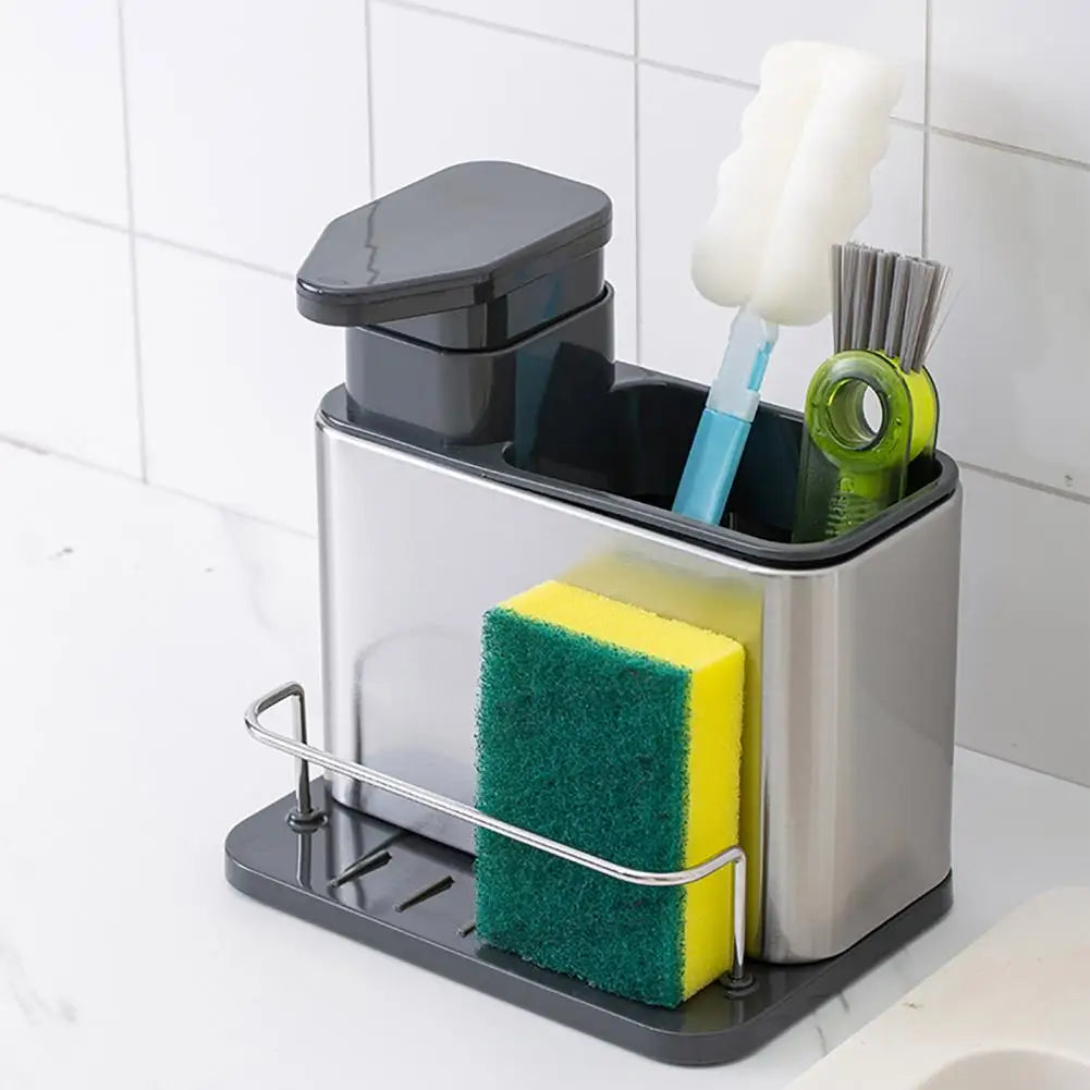 Countertop Sink Organizer with Integrated Soap Dispenser, Draining Rack and Dedicated Sponge & Brush Holders for Modern Kitchens