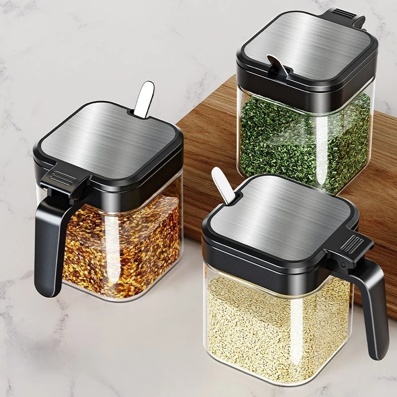 3-Piece Thick Glass 10 oz Airtight Spice Jars with Spoon — Sealed Seasoning Storage for Modern Kitchens