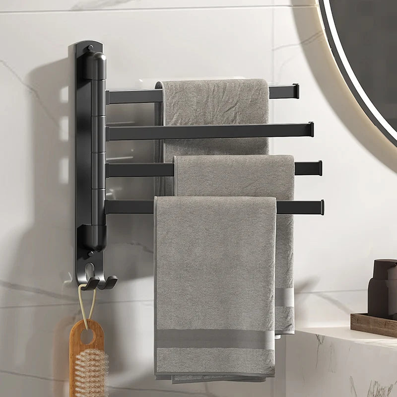 Tool-Free Rotating Black Corner Towel Rack — Wall-Mounted Stainless Steel Shelf for Shower, Bathroom, Kitchen and Coats