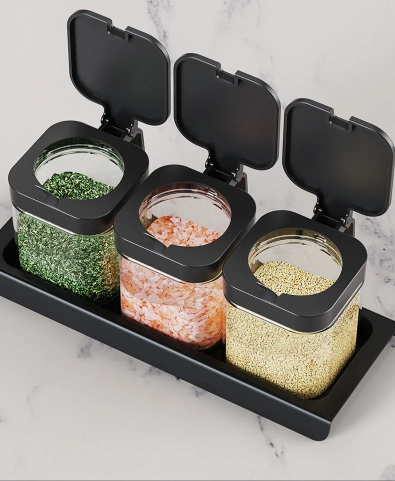 3-Piece Thick Glass 10 oz Airtight Spice Jars with Spoon — Sealed Seasoning Storage for Modern Kitchens