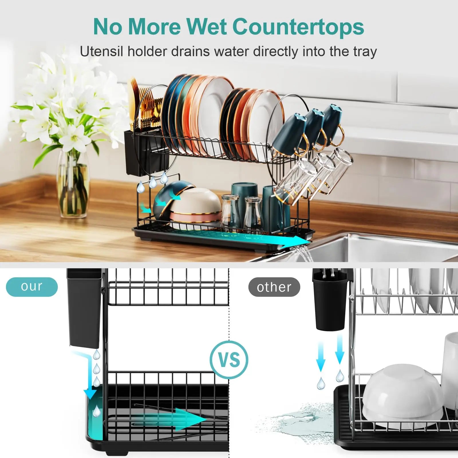 2-Tier Compact Countertop Dish Drying Rack with Integrated Drainboard — Versatile Drainer for Streamlined Kitchen Organization