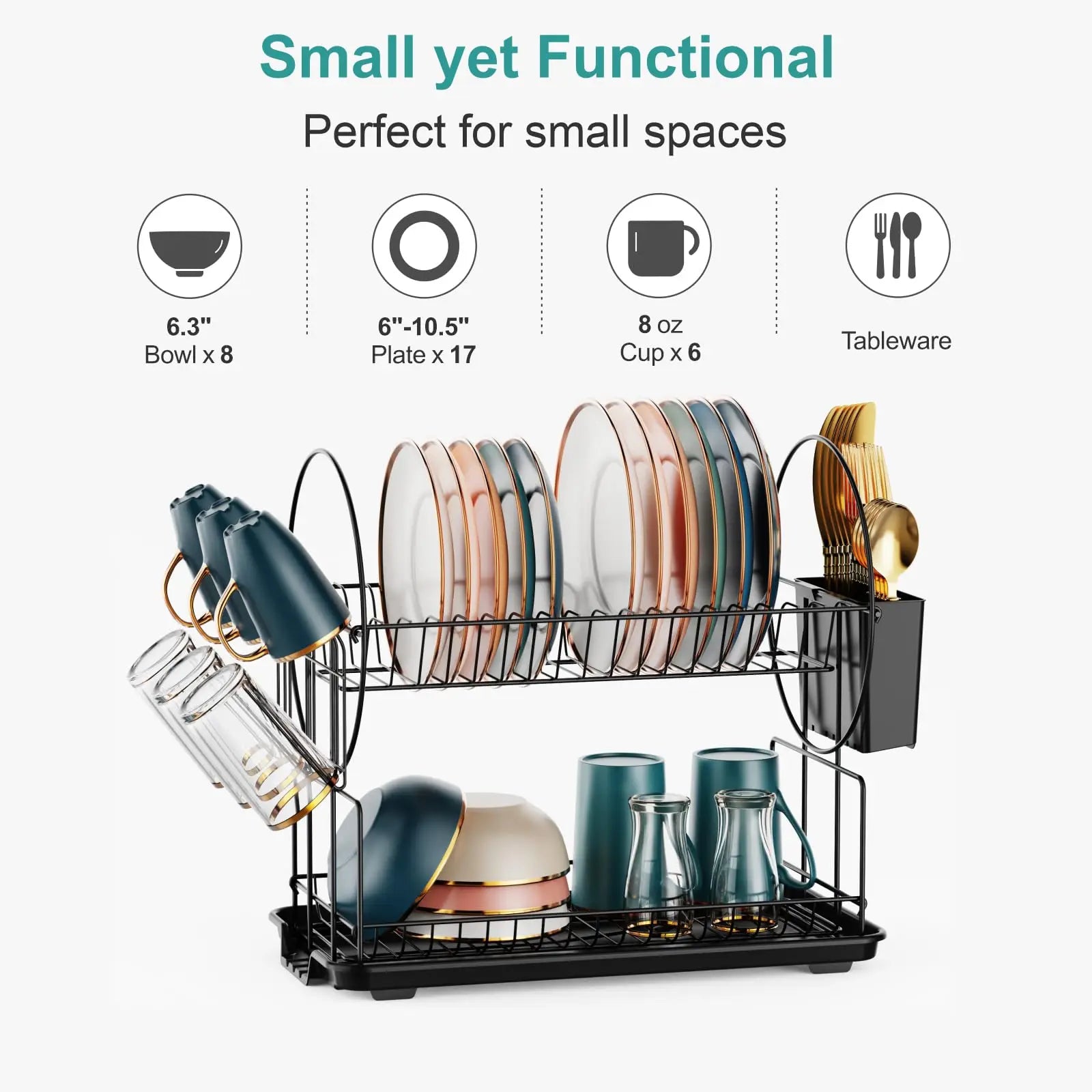 2-Tier Compact Countertop Dish Drying Rack with Integrated Drainboard — Versatile Drainer for Streamlined Kitchen Organization