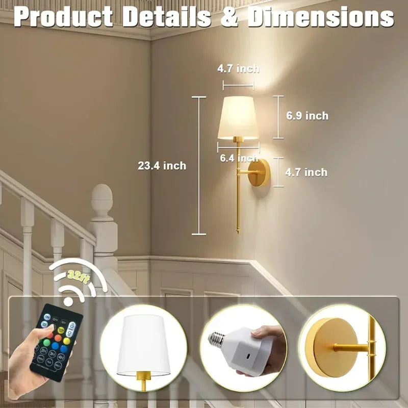 Vintage-Style Wall Lamp – RGB Dimmable LED, Remote Control, No Wiring Needed