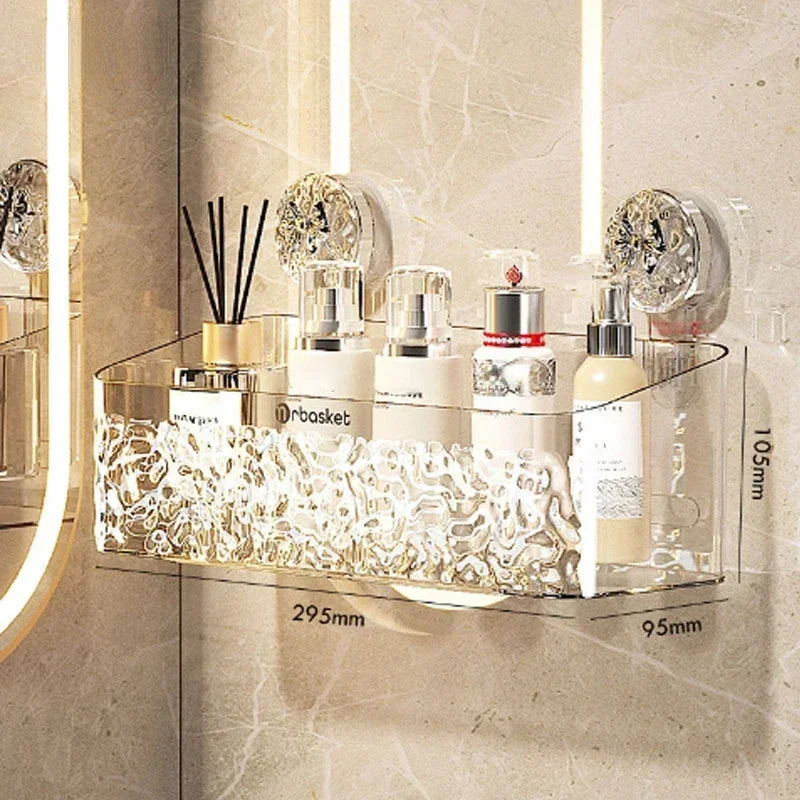Transparent Wall-Mounted Shower Shelf with Adhesive Installation