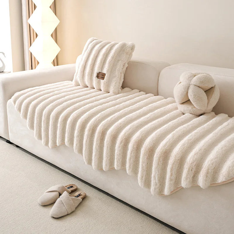 Sofa Slipcover, Plush Quilted Velvet, One-Piece Sectional Fit With Anti-Slip Backing