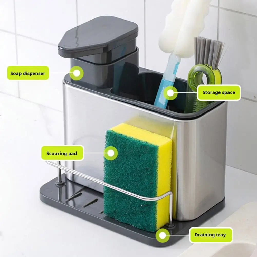 Countertop Sink Organizer with Integrated Soap Dispenser, Draining Rack and Dedicated Sponge & Brush Holders for Modern Kitchens