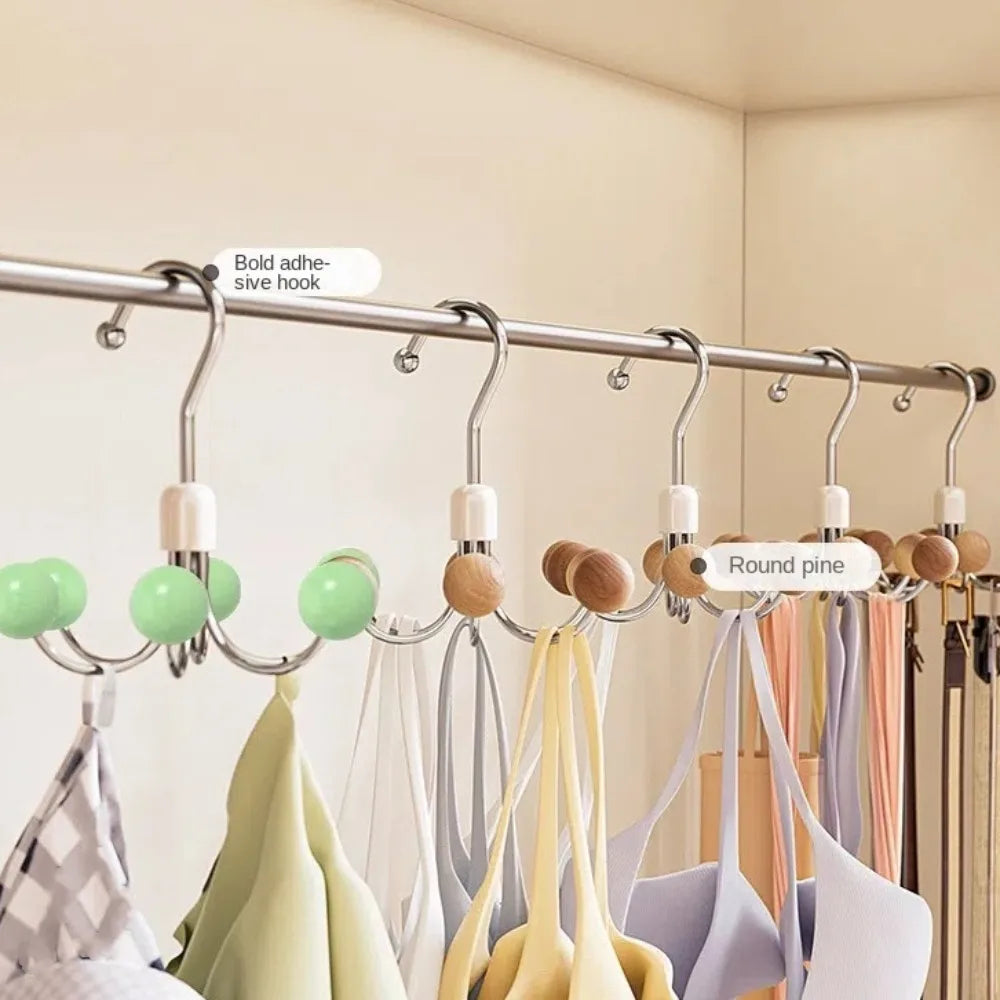 360° Rotating 6‑Claw Wooden‑Ball Clothing Organizer Hook — Space‑Saving Multipurpose Hanger for Scarves, Garments and Accessories
