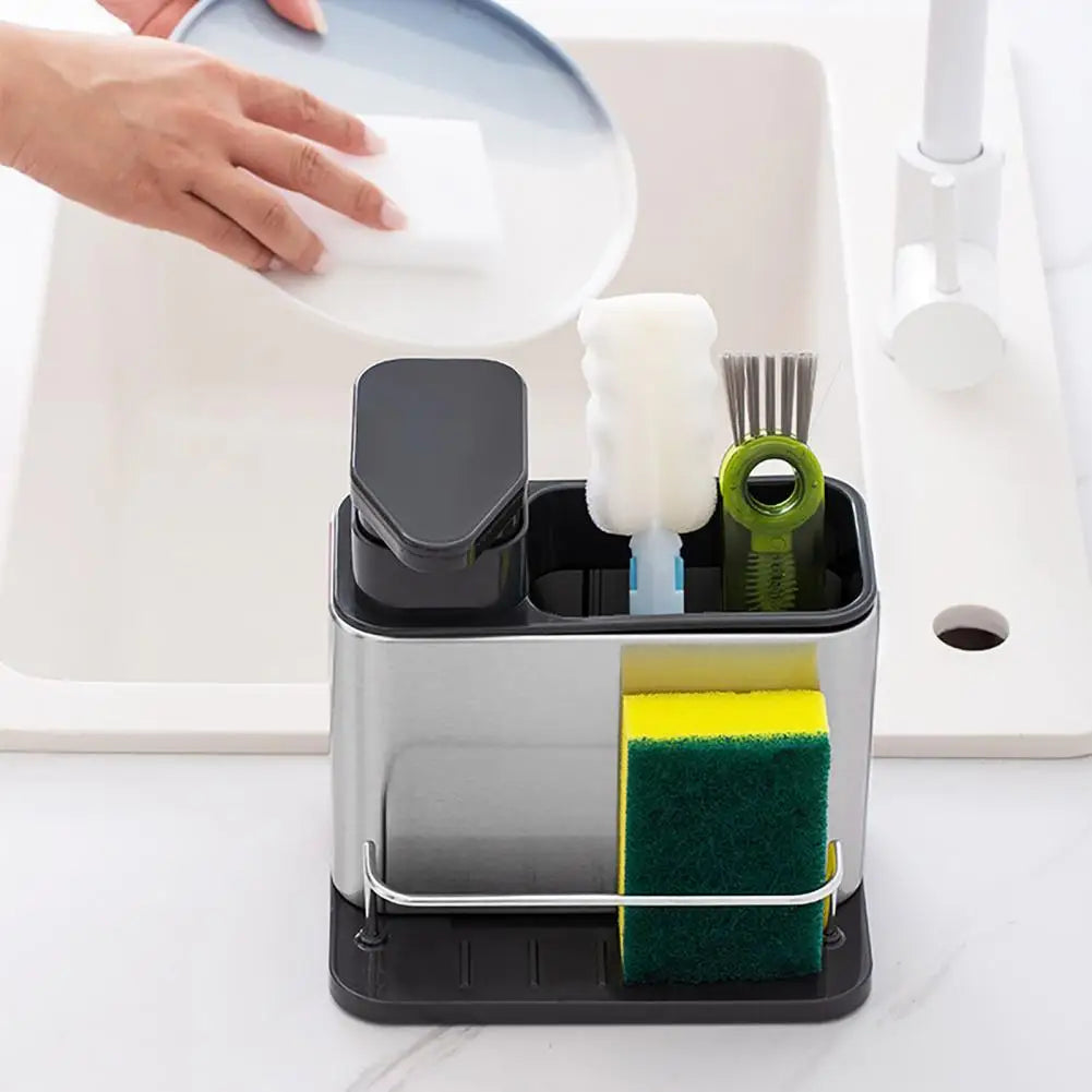 Countertop Sink Organizer with Integrated Soap Dispenser, Draining Rack and Dedicated Sponge & Brush Holders for Modern Kitchens