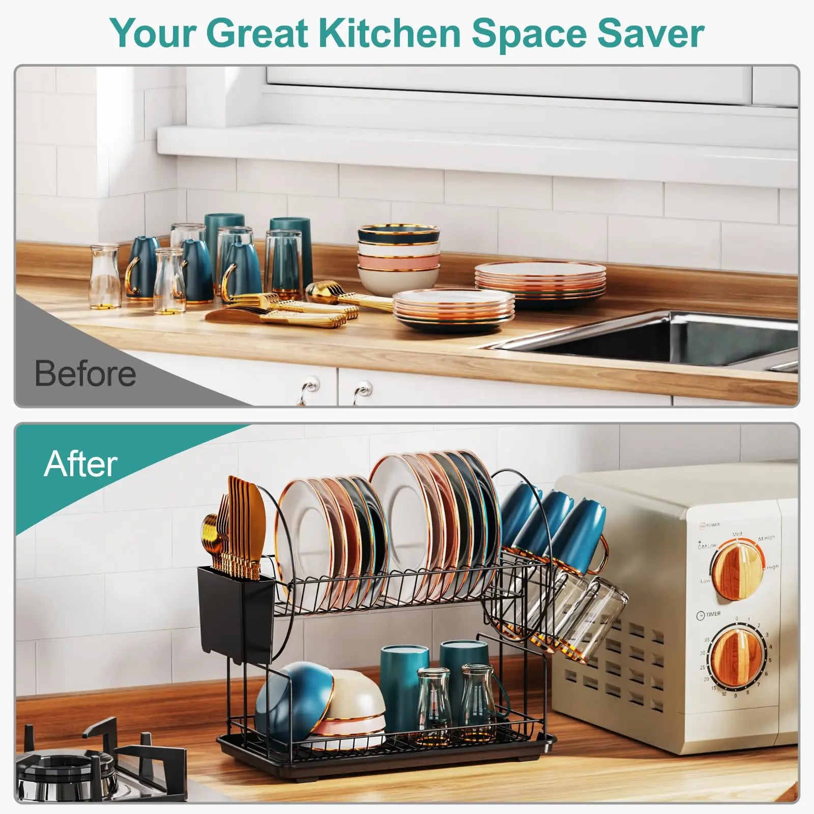 2-Tier Compact Countertop Dish Drying Rack with Integrated Drainboard — Versatile Drainer for Streamlined Kitchen Organization