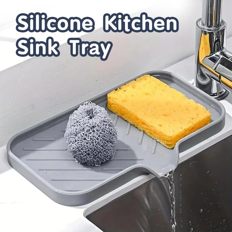 Silicone Sink Tray & Faucet Mat — Drainable Soap Dispenser Base and Sponge Drying Pad for Modern Countertop Organization