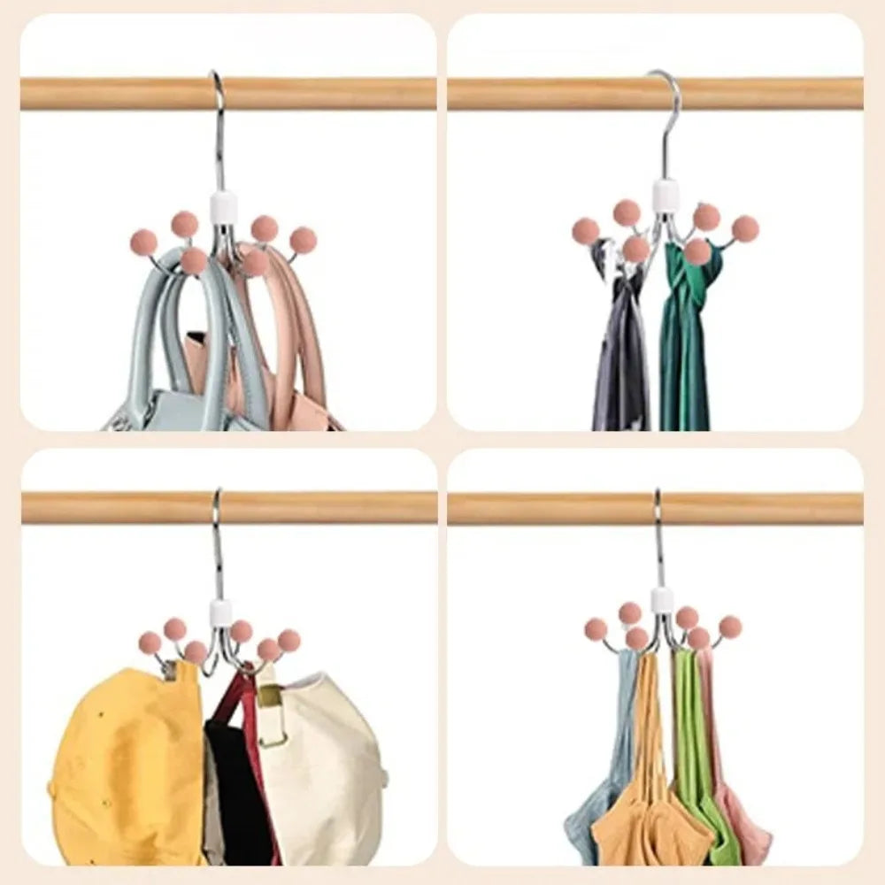 360° Rotating 6‑Claw Wooden‑Ball Clothing Organizer Hook — Space‑Saving Multipurpose Hanger for Scarves, Garments and Accessories