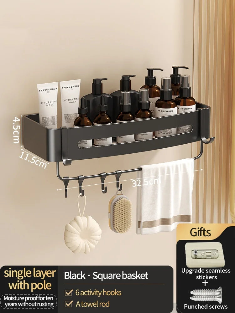 No-Drill Wall-Mounted Shelf for Bathroom & Kitchen — Space-Saving Organizer for Shampoo, Makeup and Toiletries