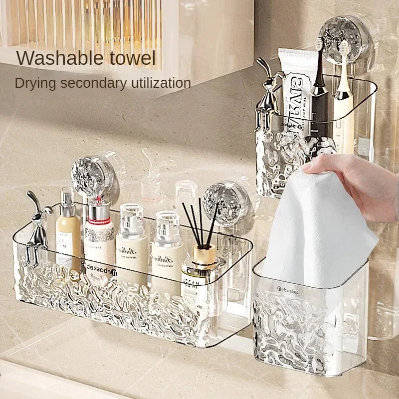Transparent Wall-Mounted Shower Shelf with Adhesive Installation