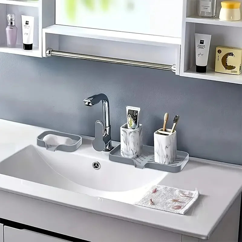 Silicone Sink Tray & Faucet Mat — Drainable Soap Dispenser Base and Sponge Drying Pad for Modern Countertop Organization