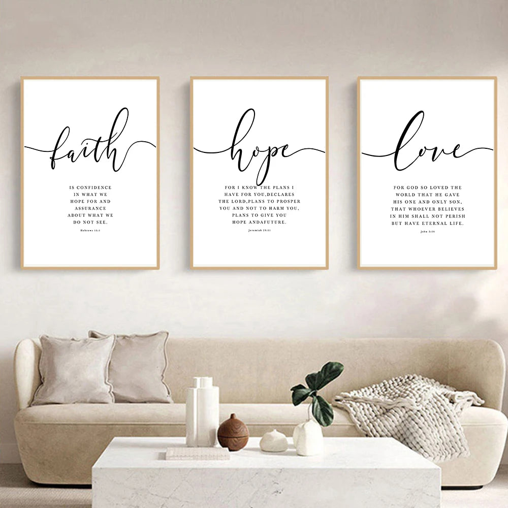 Scripture Canvas Prints — Faith, Hope, Love Wall Art for Modern Living Rooms