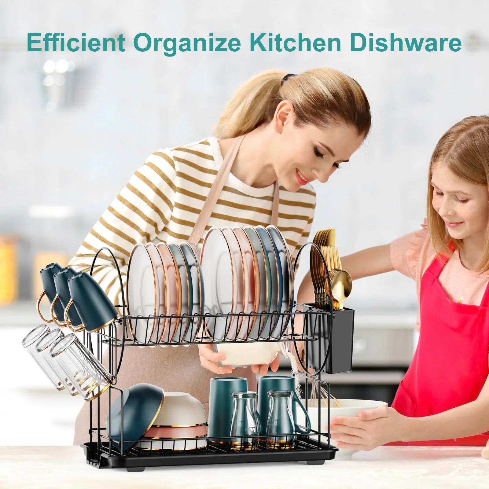 2-Tier Compact Countertop Dish Drying Rack with Integrated Drainboard — Versatile Drainer for Streamlined Kitchen Organization