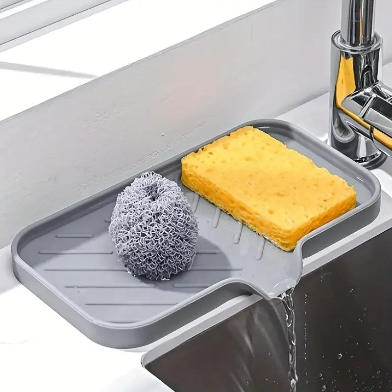 Silicone Sink Tray & Faucet Mat — Drainable Soap Dispenser Base and Sponge Drying Pad for Modern Countertop Organization