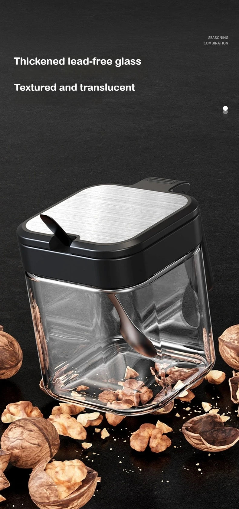 3-Piece Thick Glass 10 oz Airtight Spice Jars with Spoon — Sealed Seasoning Storage for Modern Kitchens