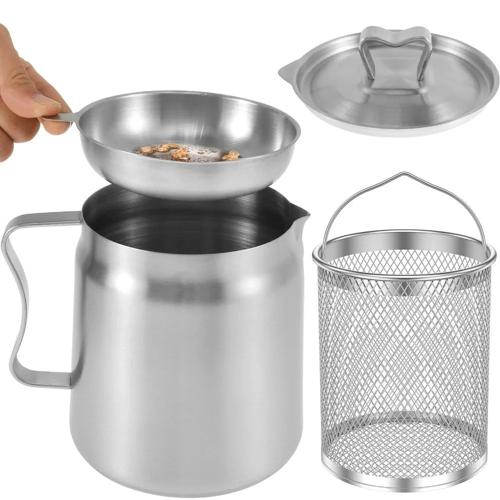 Oil Strainer Pot With Fine-Mesh Filter, 1.5-2 L Grease Storage Container