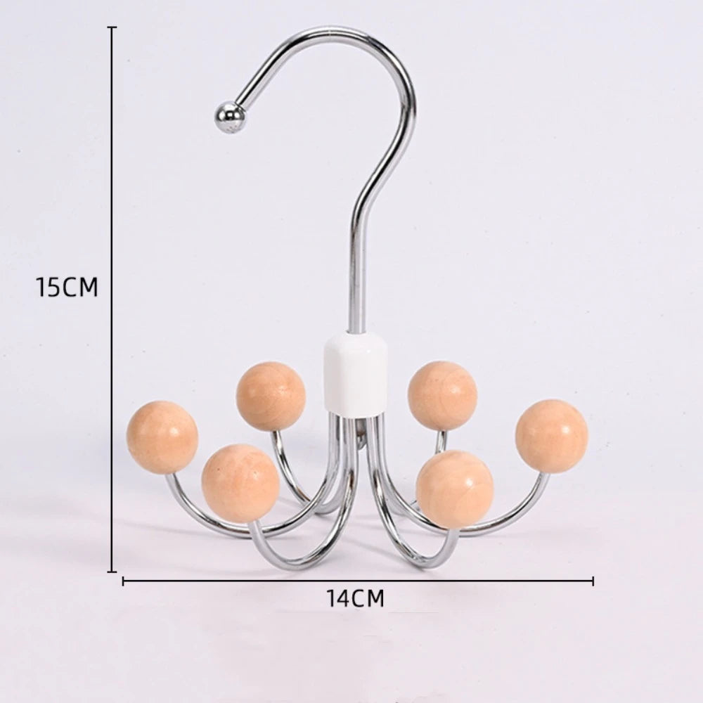 360° Rotating 6‑Claw Wooden‑Ball Clothing Organizer Hook — Space‑Saving Multipurpose Hanger for Scarves, Garments and Accessories