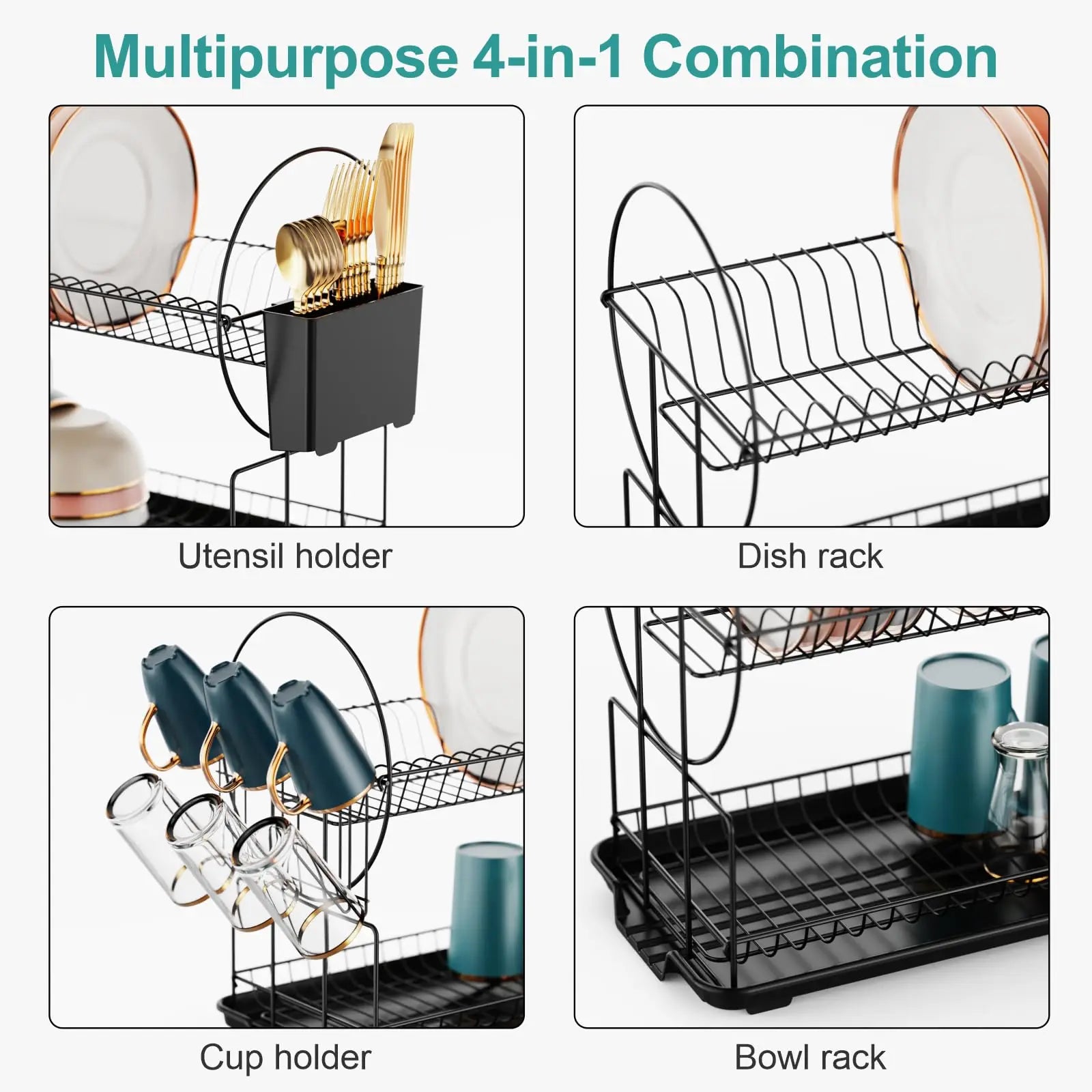 2-Tier Compact Countertop Dish Drying Rack with Integrated Drainboard — Versatile Drainer for Streamlined Kitchen Organization