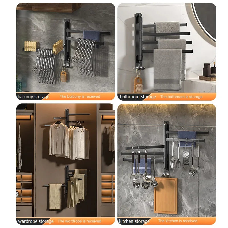 Tool-Free Rotating Black Corner Towel Rack — Wall-Mounted Stainless Steel Shelf for Shower, Bathroom, Kitchen and Coats