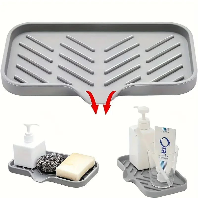 Silicone Sink Tray & Faucet Mat — Drainable Soap Dispenser Base and Sponge Drying Pad for Modern Countertop Organization