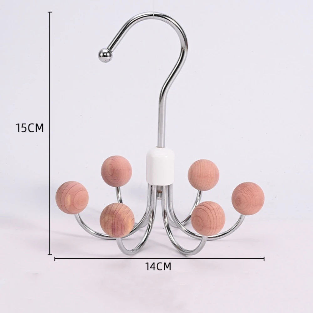 360° Rotating 6‑Claw Wooden‑Ball Clothing Organizer Hook — Space‑Saving Multipurpose Hanger for Scarves, Garments and Accessories