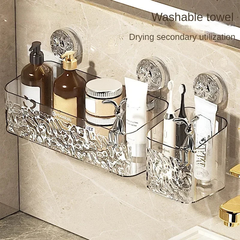 Transparent Wall-Mounted Shower Shelf with Adhesive Installation